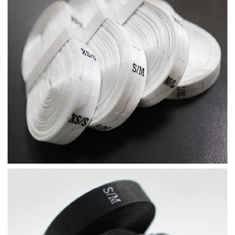 500pc roll 12x35mm Satin Woven size tags double mark size XS/S S/M M/L L/XL white black siziing tags