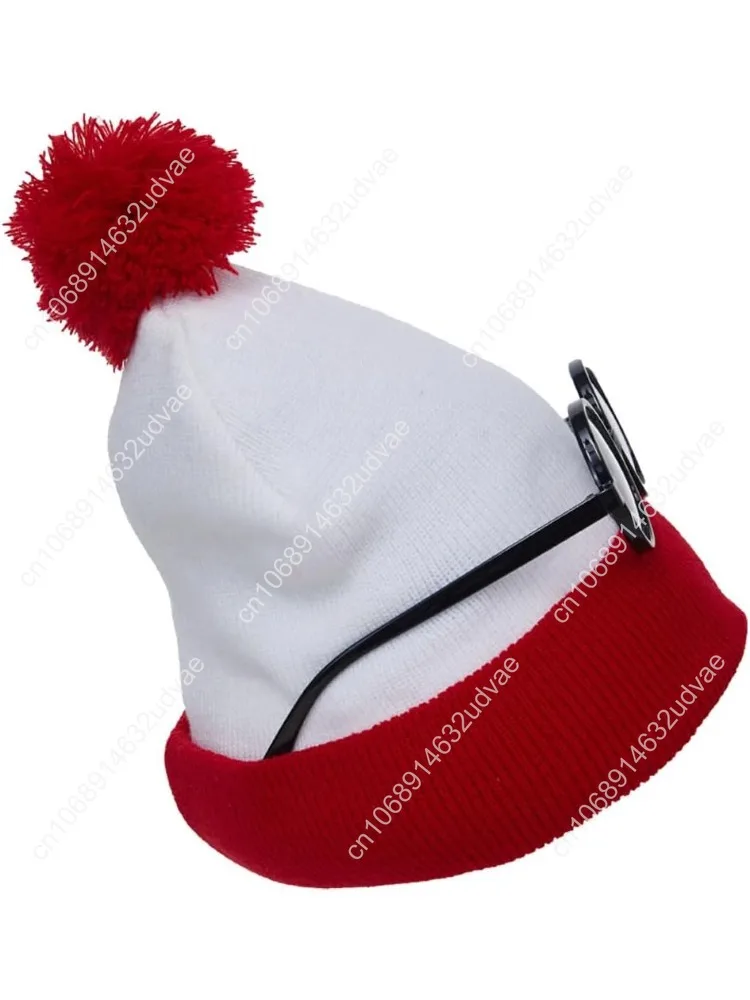 

Red and White Beanie Hat and Glasses Frame Set Men Women Knitted Hat Halloween Costume Accessory
