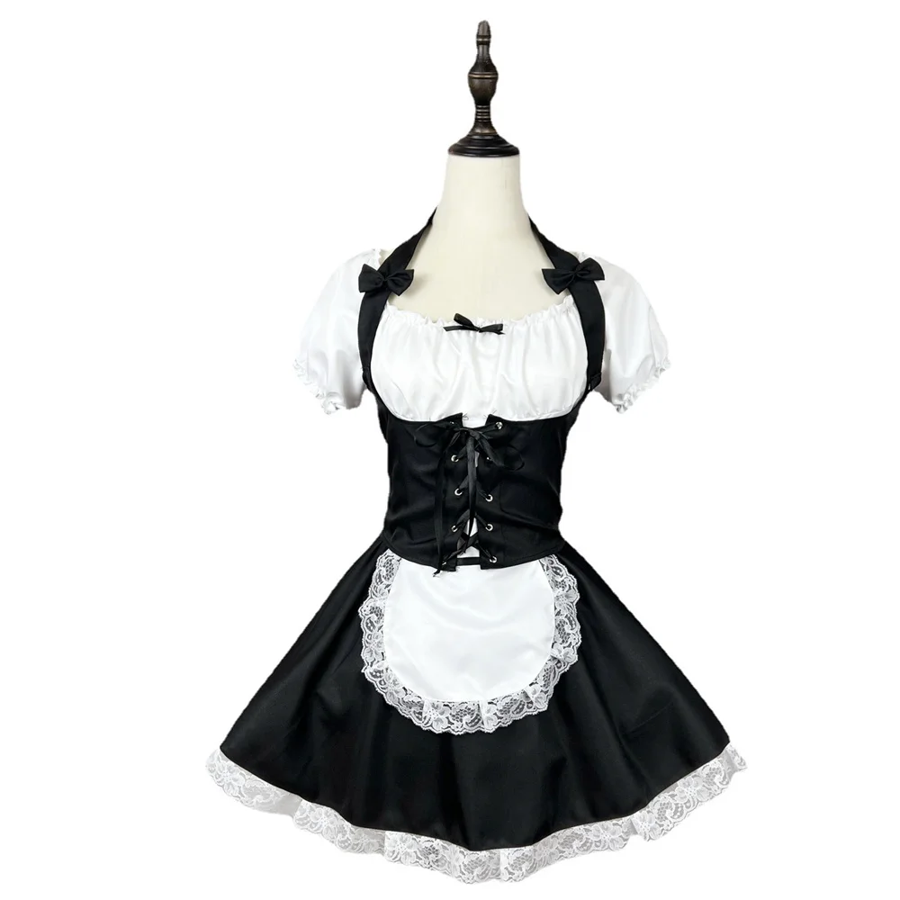 Robe de femme de chambre japonaise noire à manches courtes pour filles, tenues d'anime Lolita, costume de cosplay Kawaii, uniforme de jeu féminin pour la fête, imbibé, nouveau