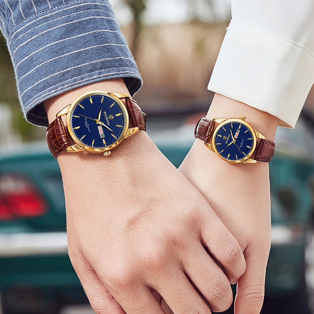 BINBOND Couple Watches Trend Simple Original Quartz Wristwatch Waterproof Luminous Date Week His and Her Watch Fashion Reloj New