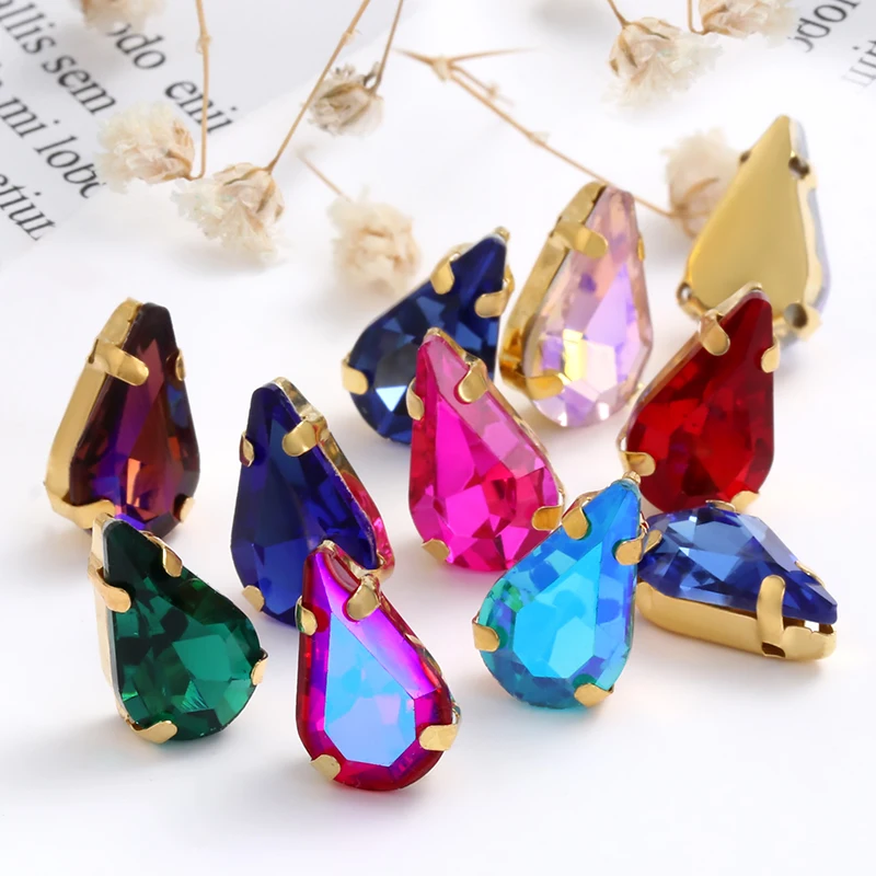 30Pcs Glitter Tear Drop Shape Glass Rhinestones With Golden Claw Sewing On Crystals Stone Strass Diamond For Clothes Accessories