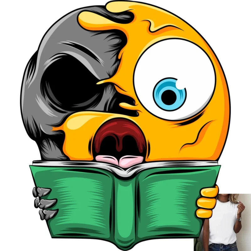 Funny Half - Skull Half - Cartoon Emoji Reading Book Heat Transfer White Ink Iron - on Patch, Trendy Decoration for T - shirts
