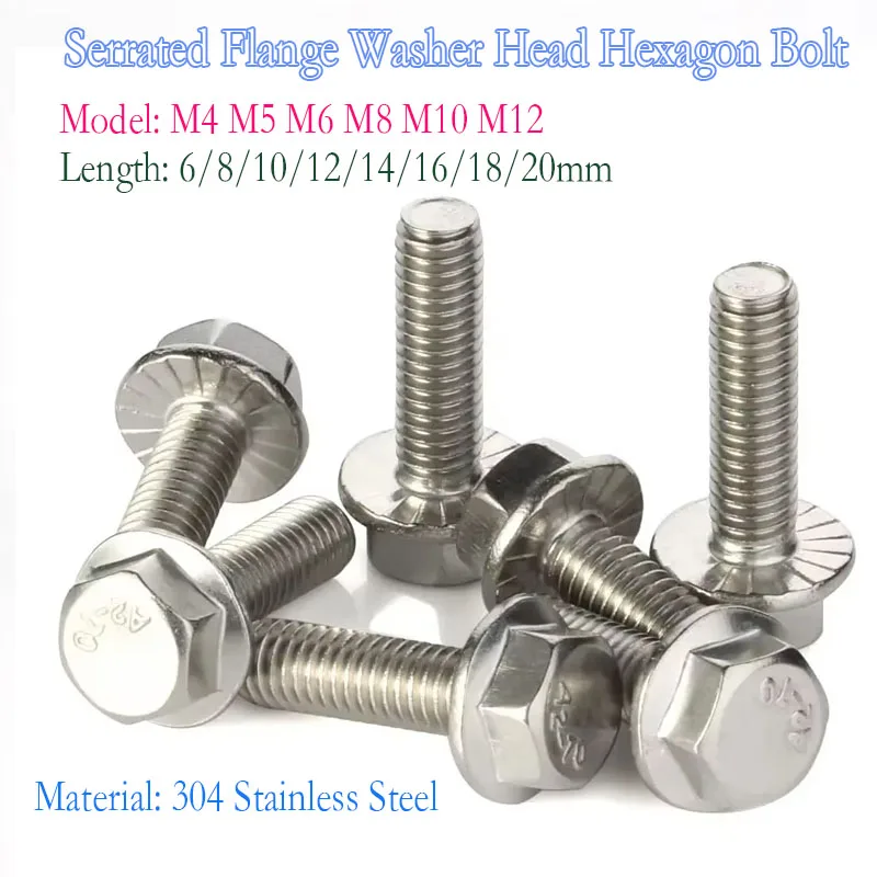 1-10pcs Hex Flange Bolt 304 Stainless Steel M4 M5 M6 M8 M10 M12 Serrated Flange Washer Head Hexagon Bolt DIN6921 GB5789