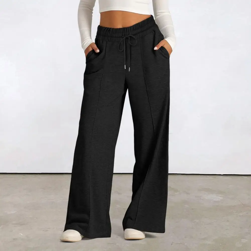 

Women's Sweatpants Stretch Mid-waist Adjustable Stretch Rope Straight Wide Leg Jogging Pants Pocket Loose Yoga Pants