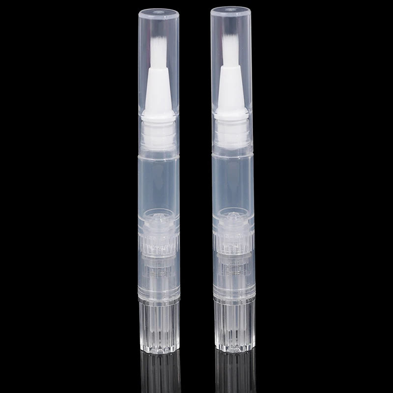 Empty Clear Twist Brush Pen Flat White Bristles Transparent Barrel Ribbed Rear Knob Clear Cap One Applicator No Liquid