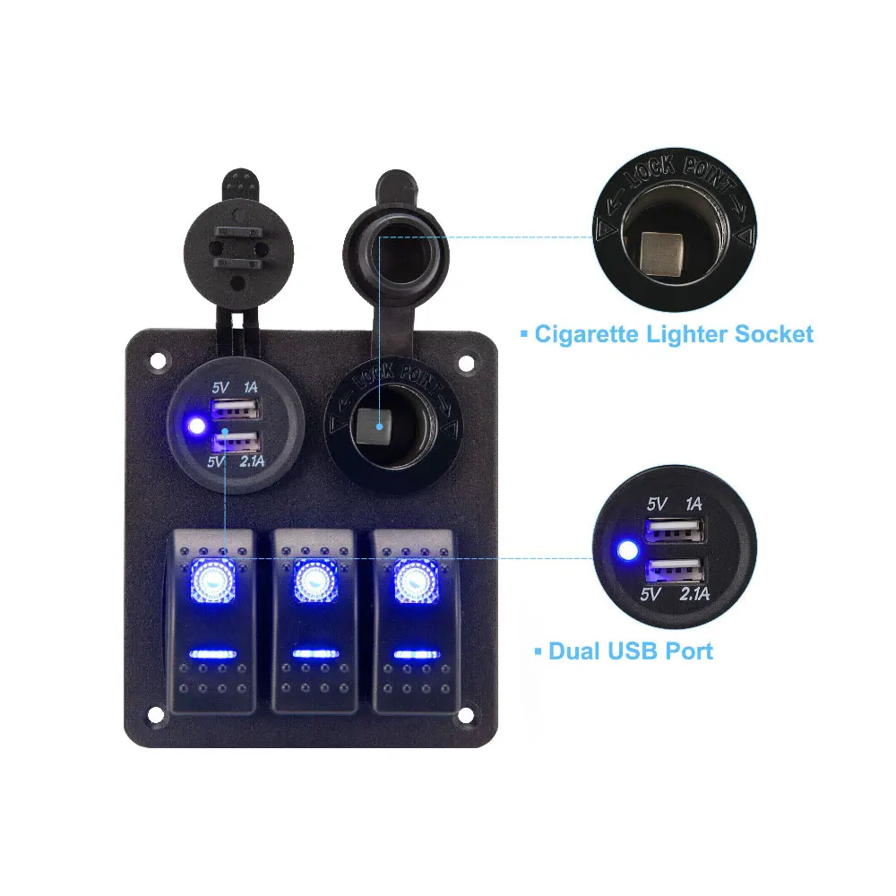 Panel de interruptor basculante LED de 3 entradas, 12V/24V, doble puerto USB, encendedor de cigarrillos, Panel de interruptor de encendido y apagado para coches, Rvs, barcos, yates