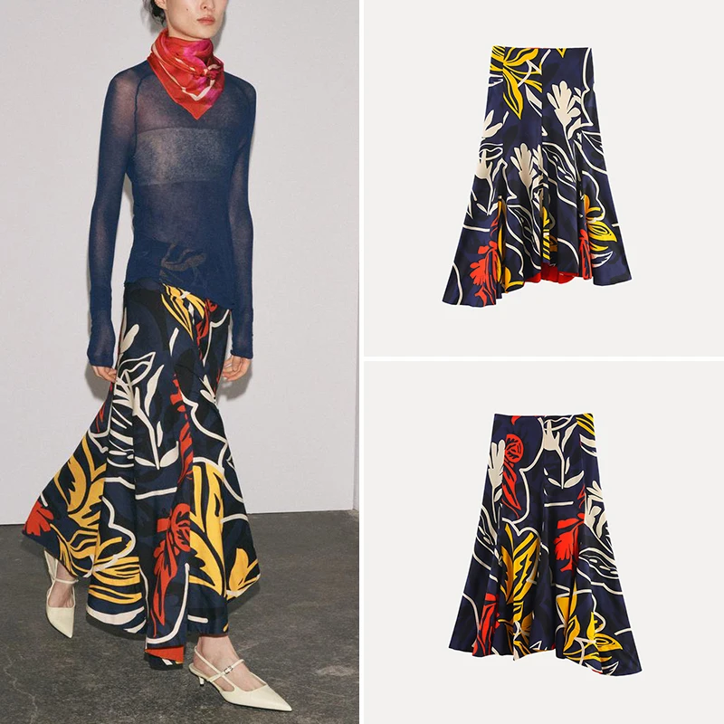 

2025 Spring New Faionable Women's Print Midi Skirt Versatile Polyester Fiber mid Waist Design Floral Patterned Ladies Skirt