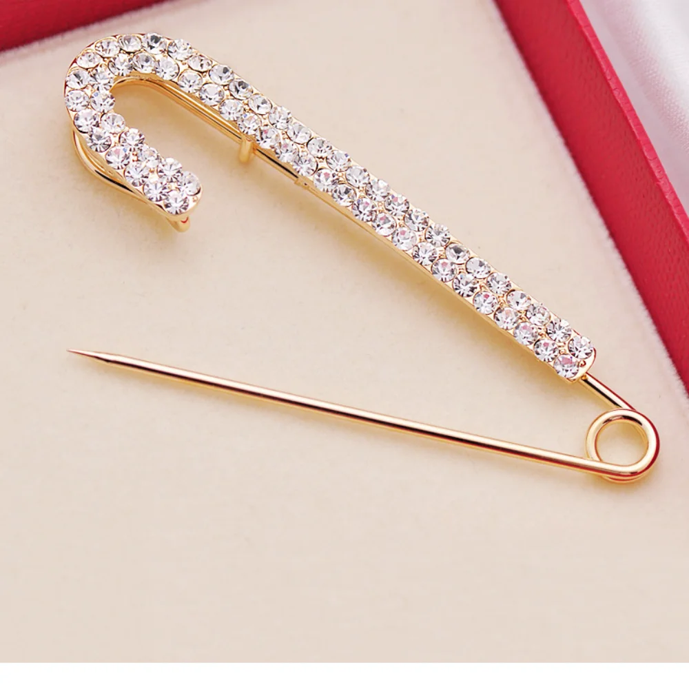 Luxury Metal Pin Rhinestones Brooches Gold Color Silver Jeans Buckle Large Zircon Safety Pin Shawl