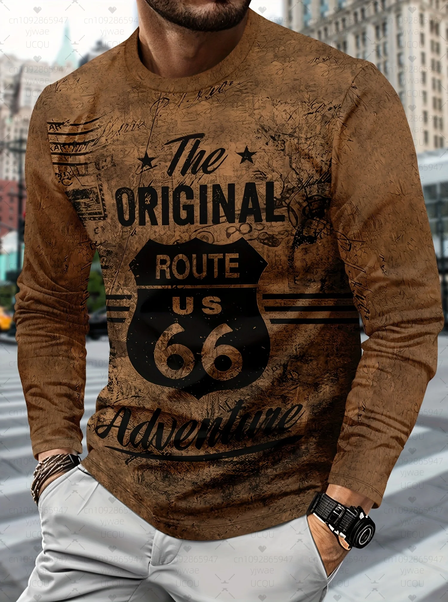 2025 تي شيرت رجالي كم طويل ثلاثية الأبعاد طباعة تي شيرت عادية خمر الرجال Vintage الطريق 66 تي شيرت فضفاض الرياضة س الرقبة الرجال الملابس