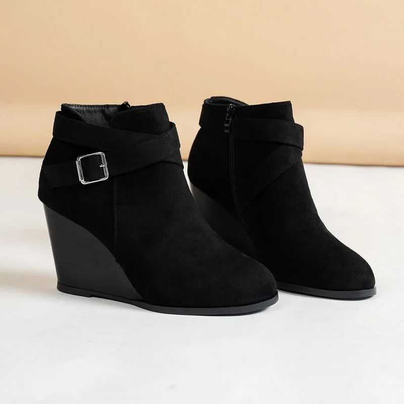 FHC 2024 NEW Women Wedges Ankle Boots,Flock Winter Shoes,Short Botas,Side Zip,Cross Buckle Straps,Round toe,BLACK,Dropship