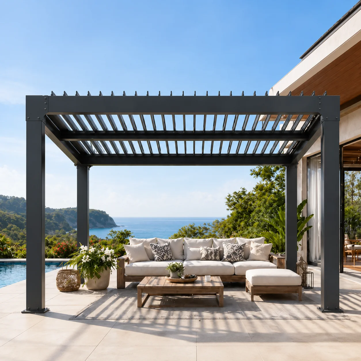 Pérgola Bioclimática Motorizada de Aluminio con Techo de Láminas Ajustables, Gazebo para Jardín, Patio, Terraza, Uso en Todo Tipo de Clima