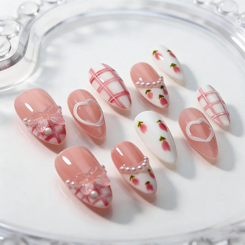 Handmade Wearable Press On Nails French Medium Oval Artificial False Nails Love Gemstone Charms Manicure Ballerina Finger Art
