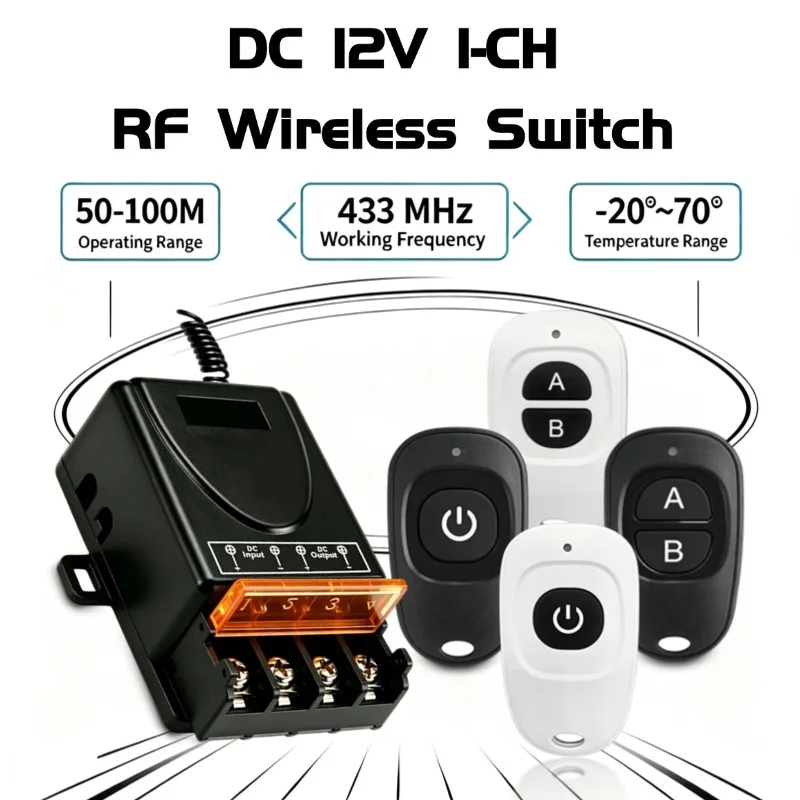 433Mhz Wireless Remote Control Switch DC 12V 24V 48V 10A 1CH RF Relay with Receiver Controller And 1/2-button Transmitter