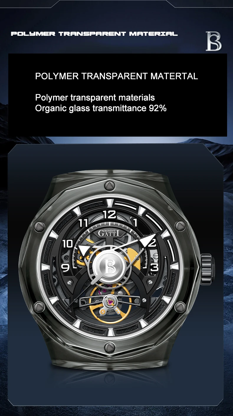 BONEST GATTI-reloj automático para hombre, carcasa transparente de polímero, reloj de pulsera mecánico, correa de caucho fluorado luminosa de zafiro