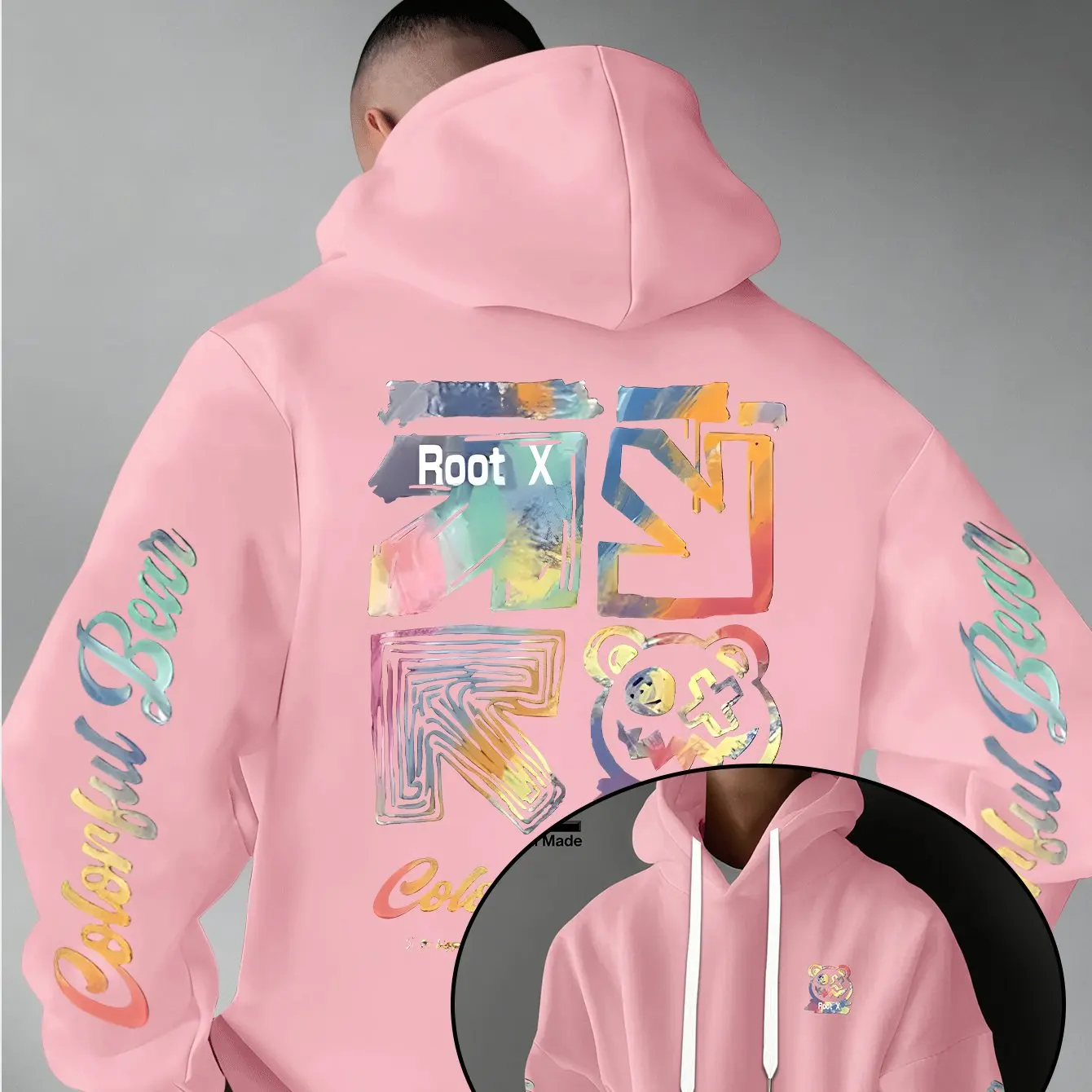 Herren Dicker Warmer Hoodie mit Regenbogen-Graffiti-Print, Root X Bear Bunter Bären-Ärmel Textdruck, Urbaner Street-Style Alltags-Pullover – Detail 4