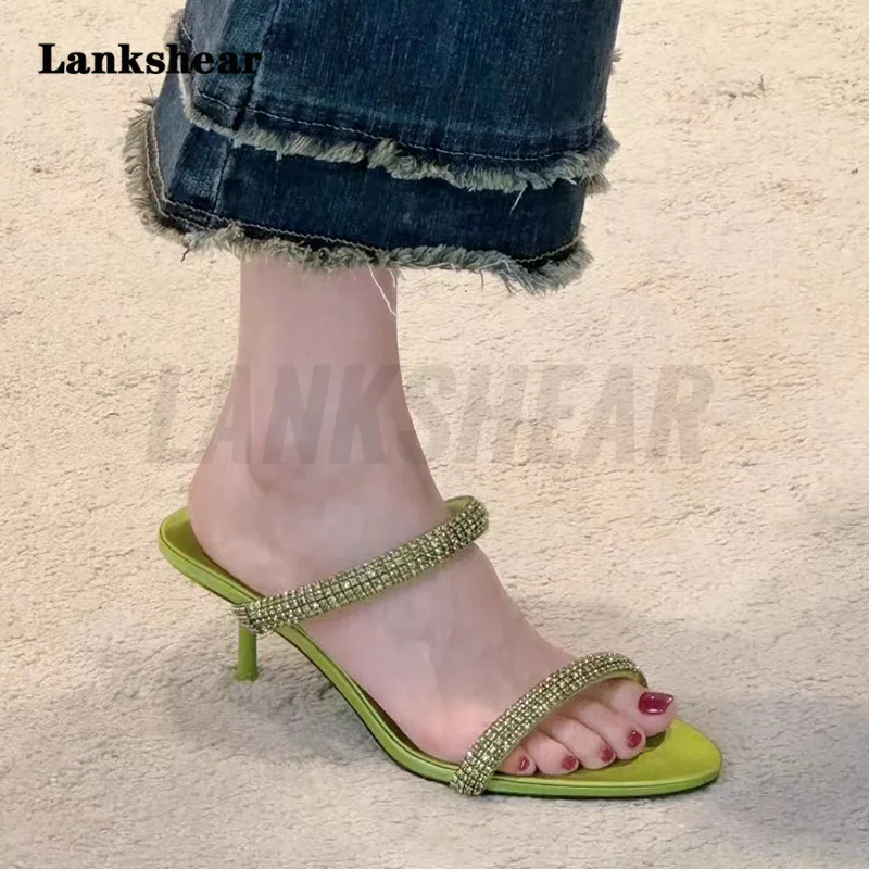 

Silver Rhinestone High-Heeled Slippers Women's Mid-Heel Green Sandals Summer Outerwear Fashion Stiletto Sandals Euro Size 35-39