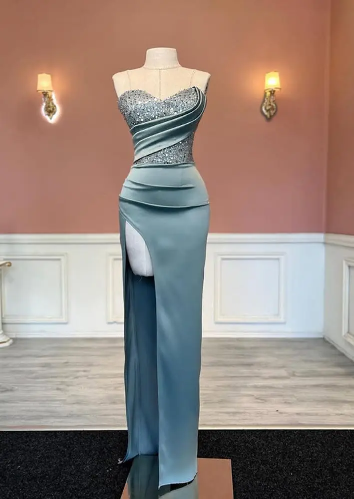 

Strapless Prom Dress for Women Sweetheart Sequin Beads Satin Long Formal Evening Party Dress with Slit