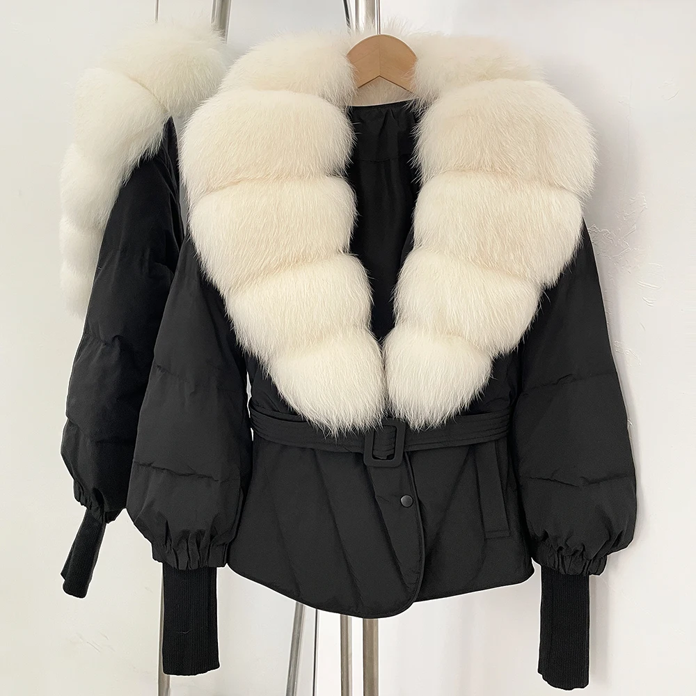Frauen Echt Fox Pelz Jacke Winter Puffer Jacke Weibliche Lange Ärmel Gestrickte Oberbekleidung Dünne Beiläufige 2025, Neue Weiße Ente Unten mantel
