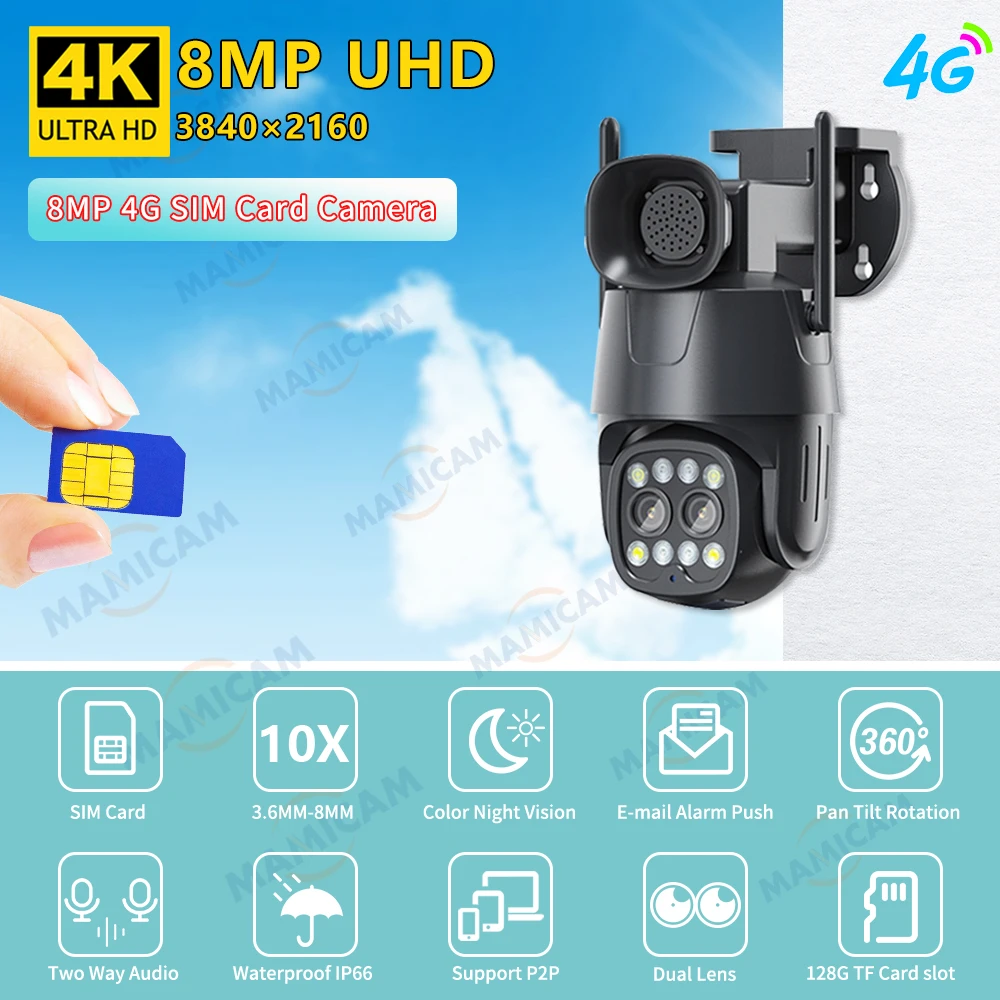 4k 8mp wifi/4g cartão sim câmera ip ao ar livre 4mp hd ptz cctv câmera de vigilância de vídeo lente dupla 3.6mm-8mm rastreamento automático camhipro