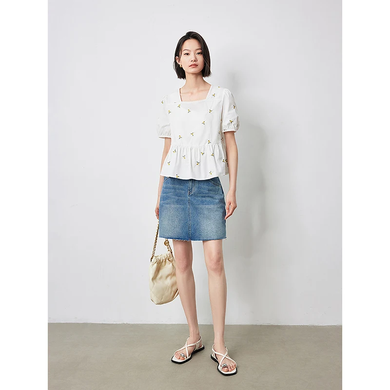 TOYOUTH Womens Short Sleeve T-shirt 2024 Summer New Flower Embroidered Shirt Square Neck Buff Sleeve Doll Shirt