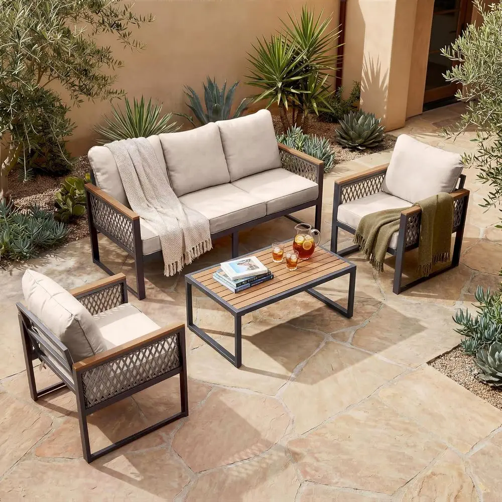 

5-Piece Metal Outdoor Sectional Patio Furniture Set with Sofa, 2 Chairs, Coffee Table, Beige