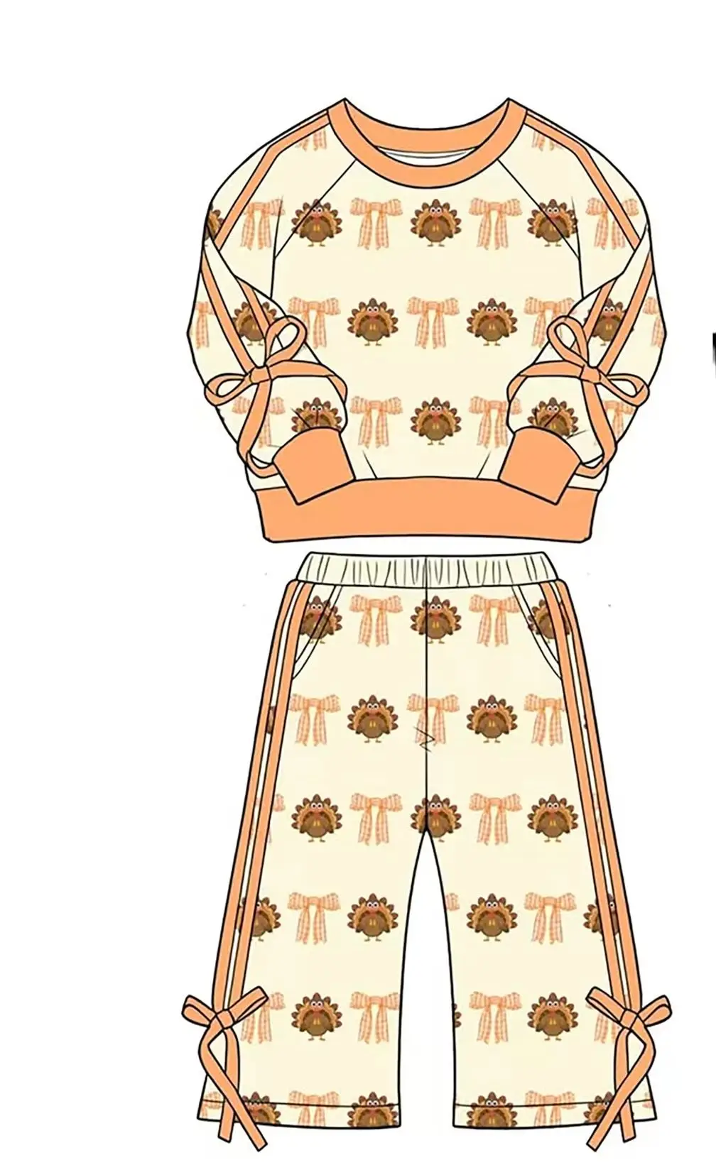 Boutique Girls Bow Turkey Thanksgiving Outfit Raglan Long Sleeve Bow Sweatshirt Wide Leg Pants Set Ruffle Zip Front Baby Romper