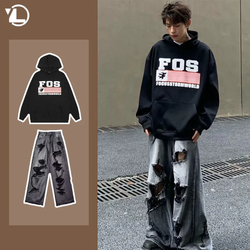 American High Street Men Set Trend Letter Printed Hooded Sweatshirt+Hip Hop Ripped Jeans 2-pcs College Couple Casual Suit Autumn