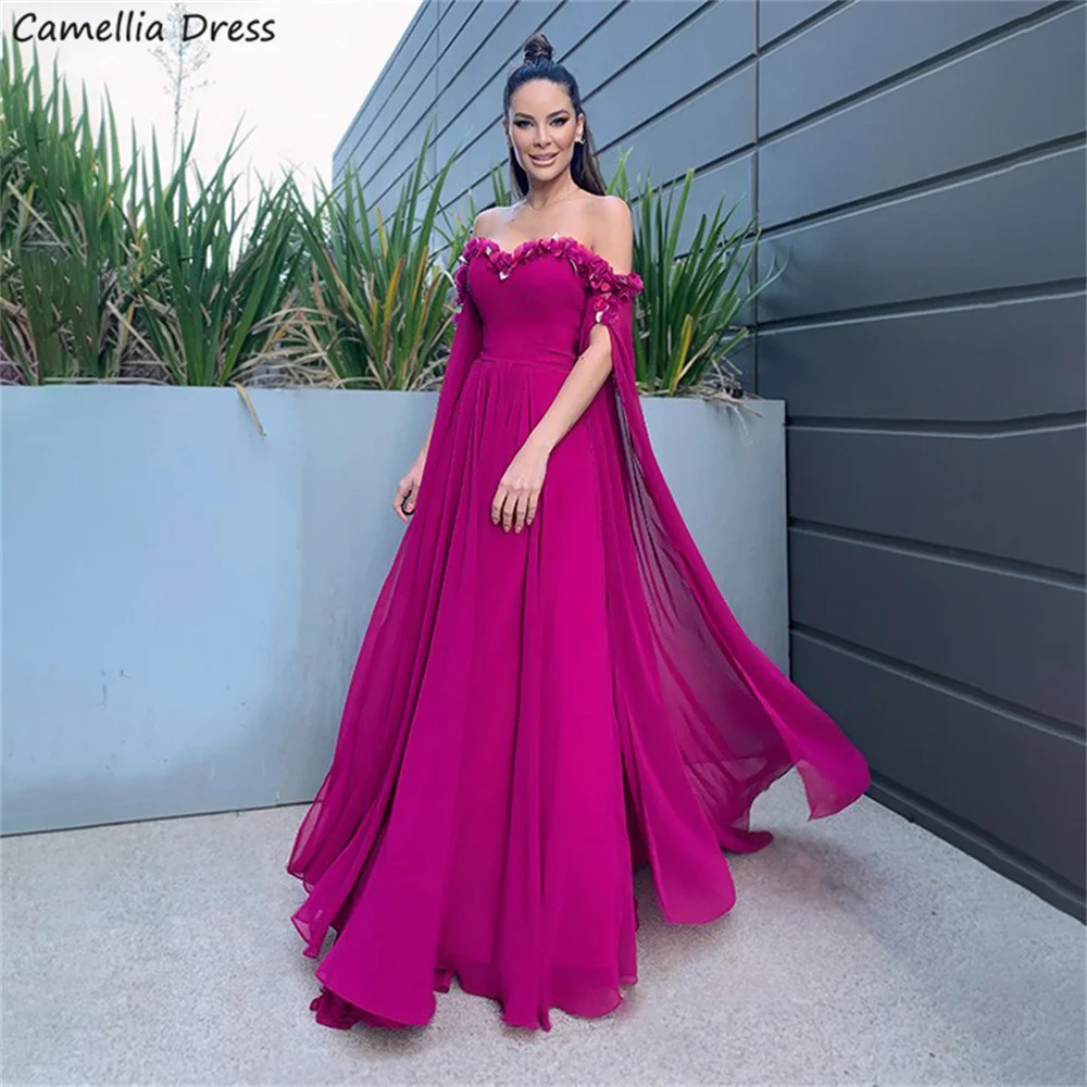 

Elegant Evening Dresses With Flowers Off Sholder Long Sleeve Chiffon A Line Fuchsia Formal Prom Gown Robes De Soirée فستان سهرة