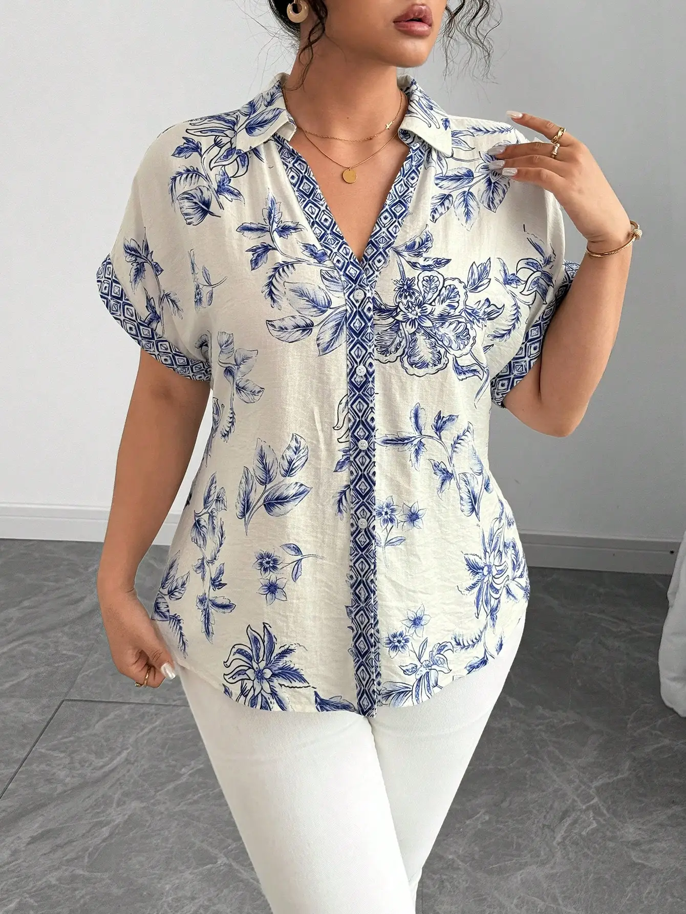 

Elenzga Women's Blue Floral Print V-Neck Loose Shirt, Drop Shoulder, Spring Summer Casual Office Wear