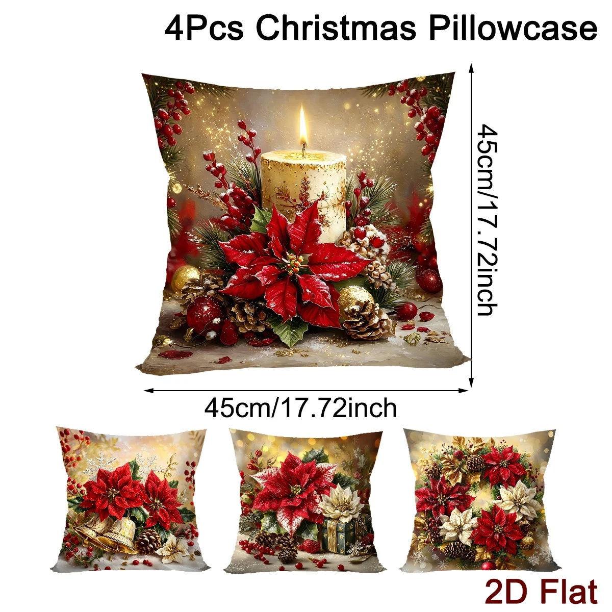 4pcs Christmas Pillow Cover Poinsettia Candle Print Cushion Cover for Home Sofa Bedroom Decor Christmas Gifts No Pillow Insert