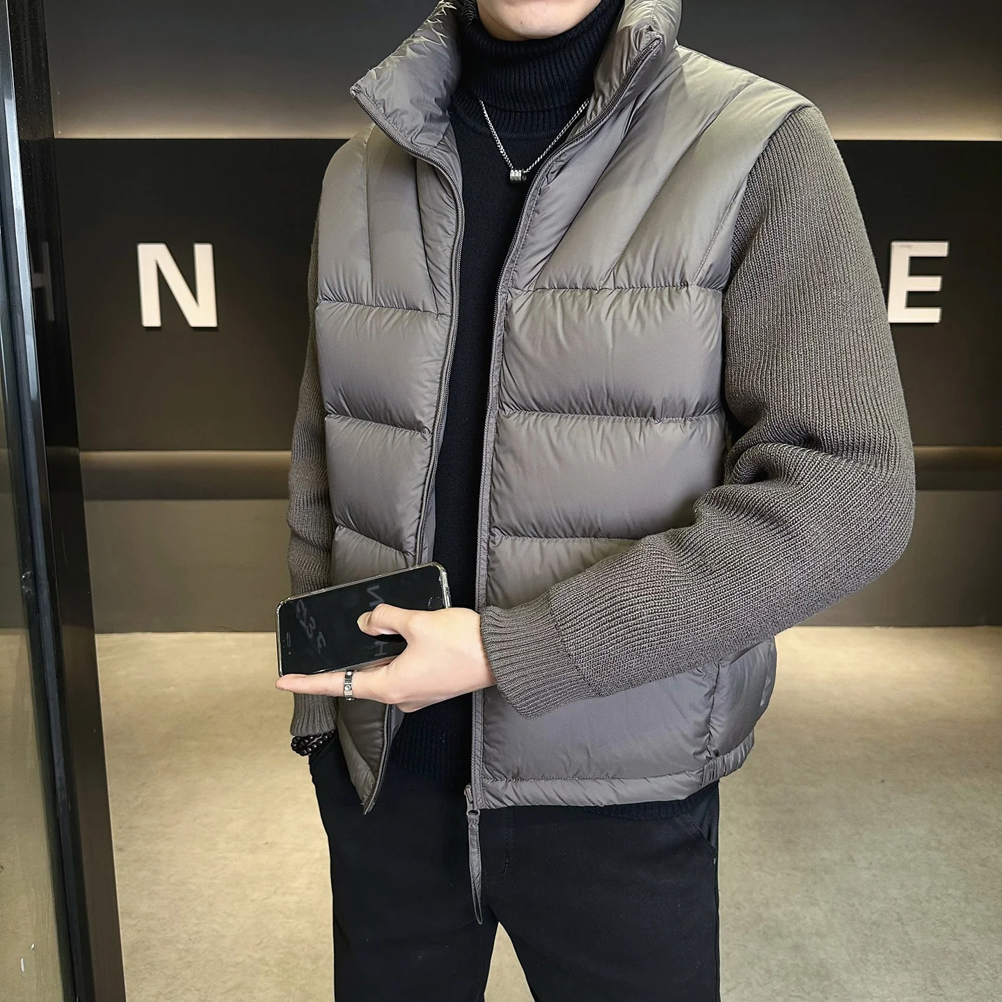 

Men's Thiened 90 down Jaet Winter Warm Knitted Sve Patchwork Stand Collar Outerwear Casual Sle Polyester Fabric