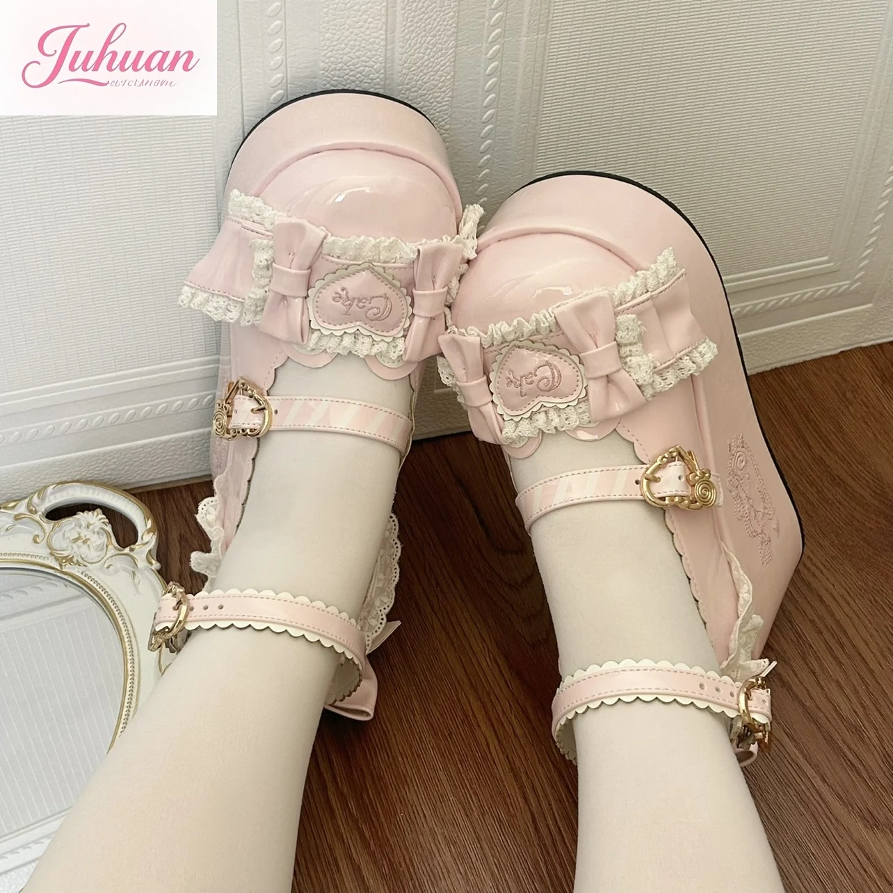 

Японский бант Love с кружевным краем в стиле Лолиты, туфли на платформе с круглой головкой, кукла, ощущение милой Мэри Джейн, милая сестра, туфли-маффины, туфли на высоком каблуке