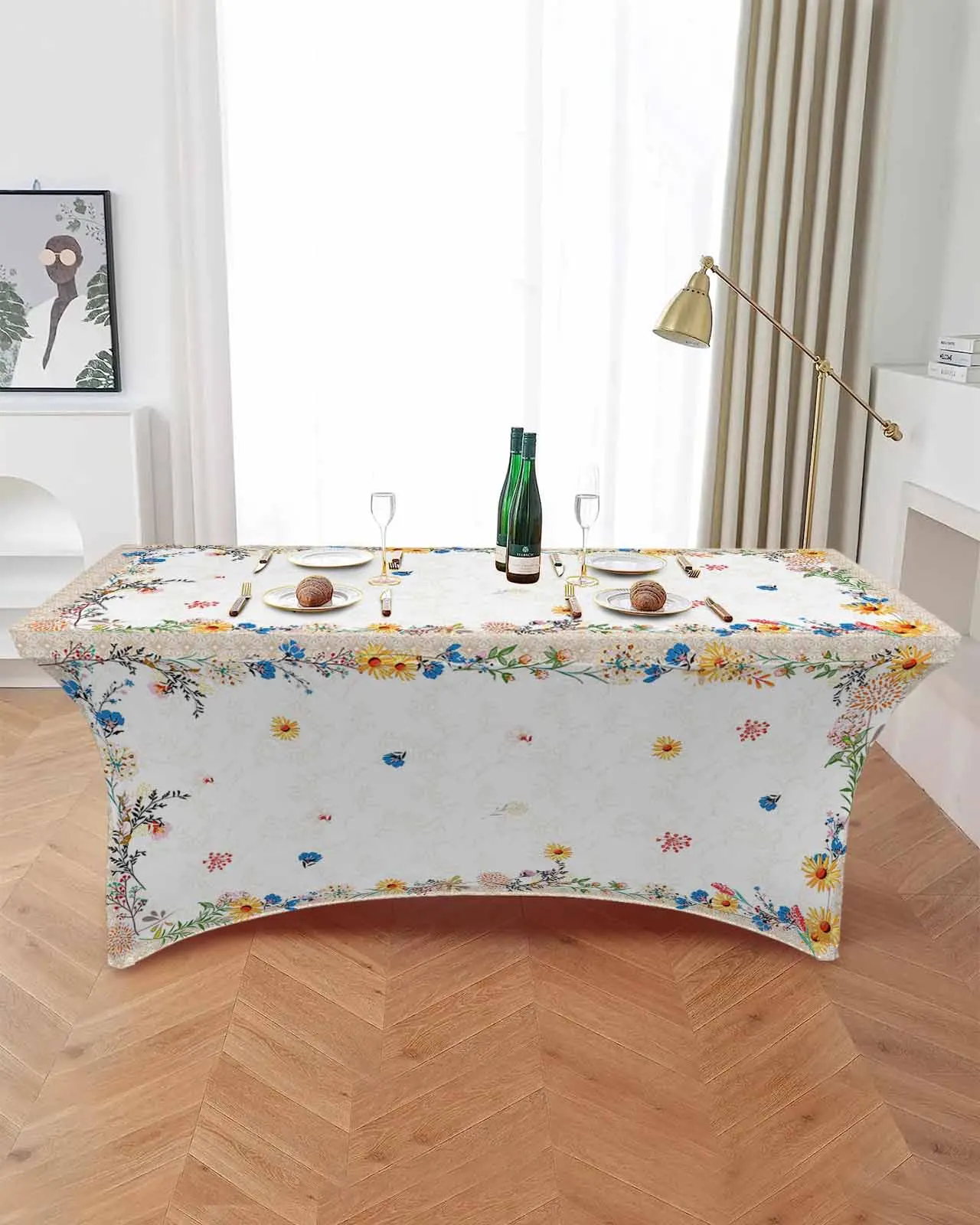 Spring Flowers Orchid Retro Rectangular Elastic Table Skirt Wedding Hotel Table Cover Holiday Dining Table Tablecloth