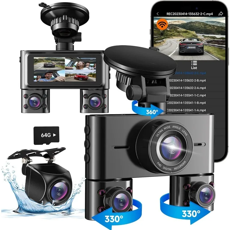 

4 Channel Dash Camera for Cars FHD 1080Px4, Built-in Wi-Fi, 3.16” IPS Screen, WDR Night Vision, Included 64GB Card,