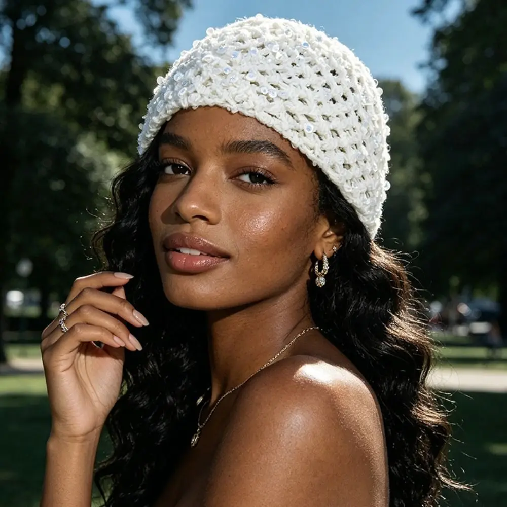 Cute Elegant Sequined Beanie Thin Bohemian Style Knitted Hat Ethnic Style Solid Color Woven Pullover Cap Pullover Hat