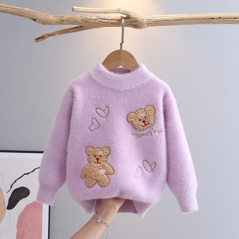 2023 Korean Style Cartoon Bear Print Knitted Sweater Kids Girl Kawaii Harajuku Long Sleeve Winter Love Jumper for Girls GY09231