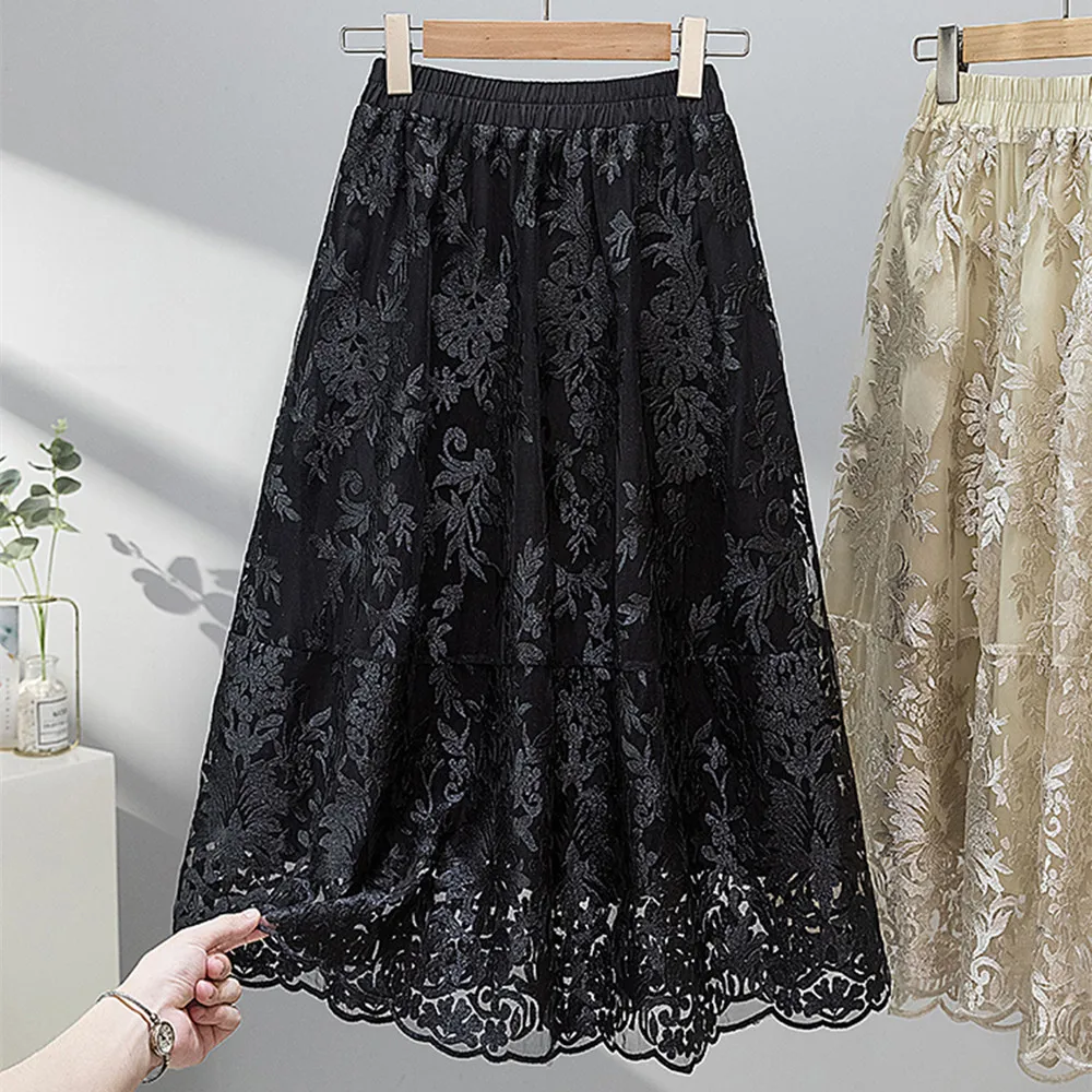 

Floral Embroidery Lace Tulle Long Skirt for Women 2024 Vintage Elegant High Street A Line High Waist Midi Skirt Female