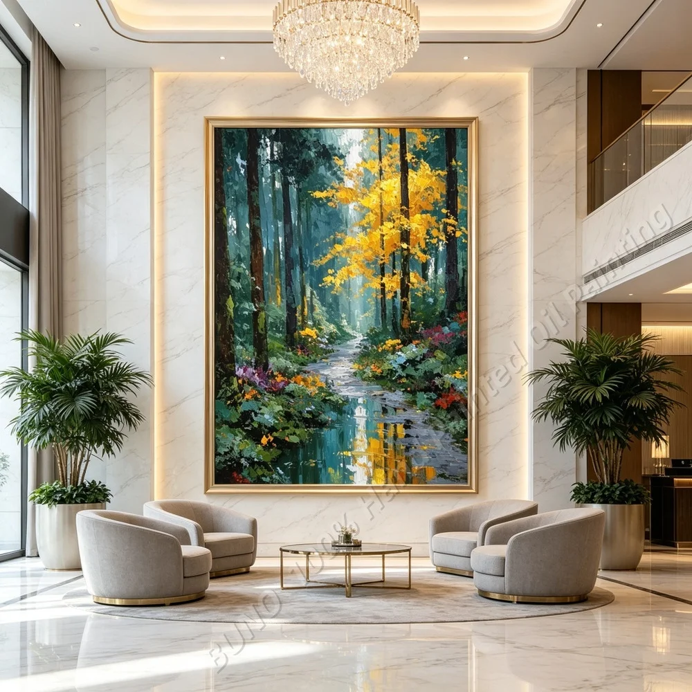 100% Hand Painted Original Abstract Oil Painting Textured Forest Stream Landscape Wall Art For Home Living Room Bedroom Decor