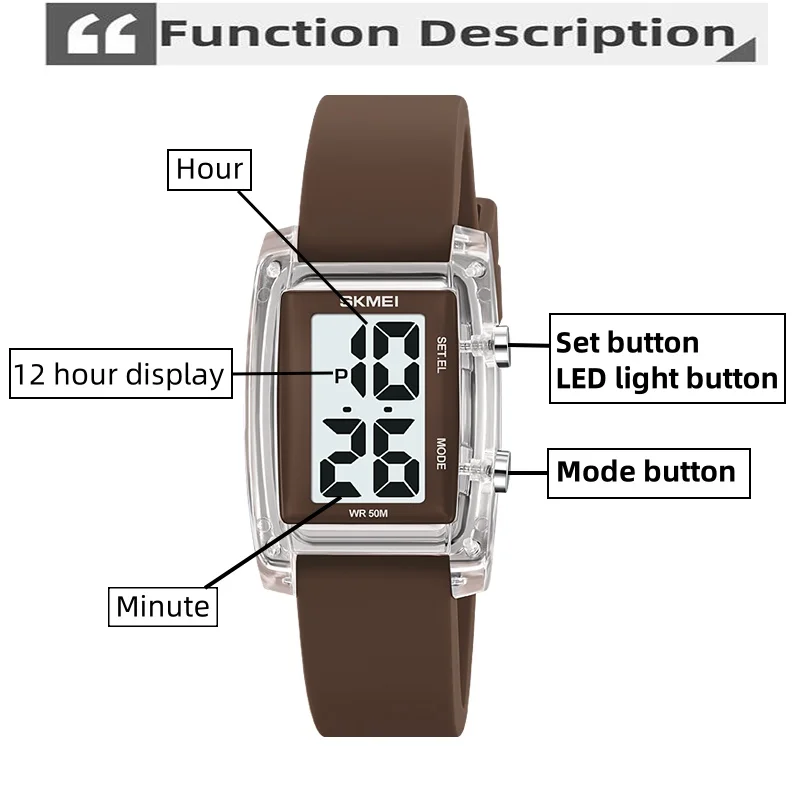 Skmei Womens Digital Watches with Date Week Display Fashion Silicone Strap LED Light Waterproof Student Wristwatch