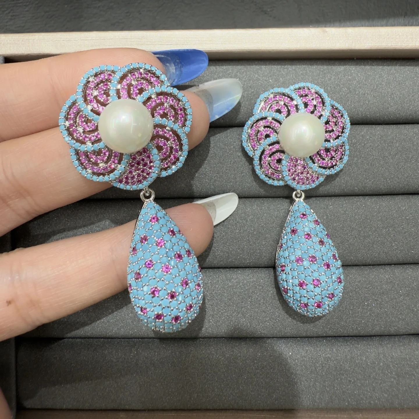 

classy zirconia earrings for women wedding party anniversary gift jewelry blue pink white flower water drop dangling earrings