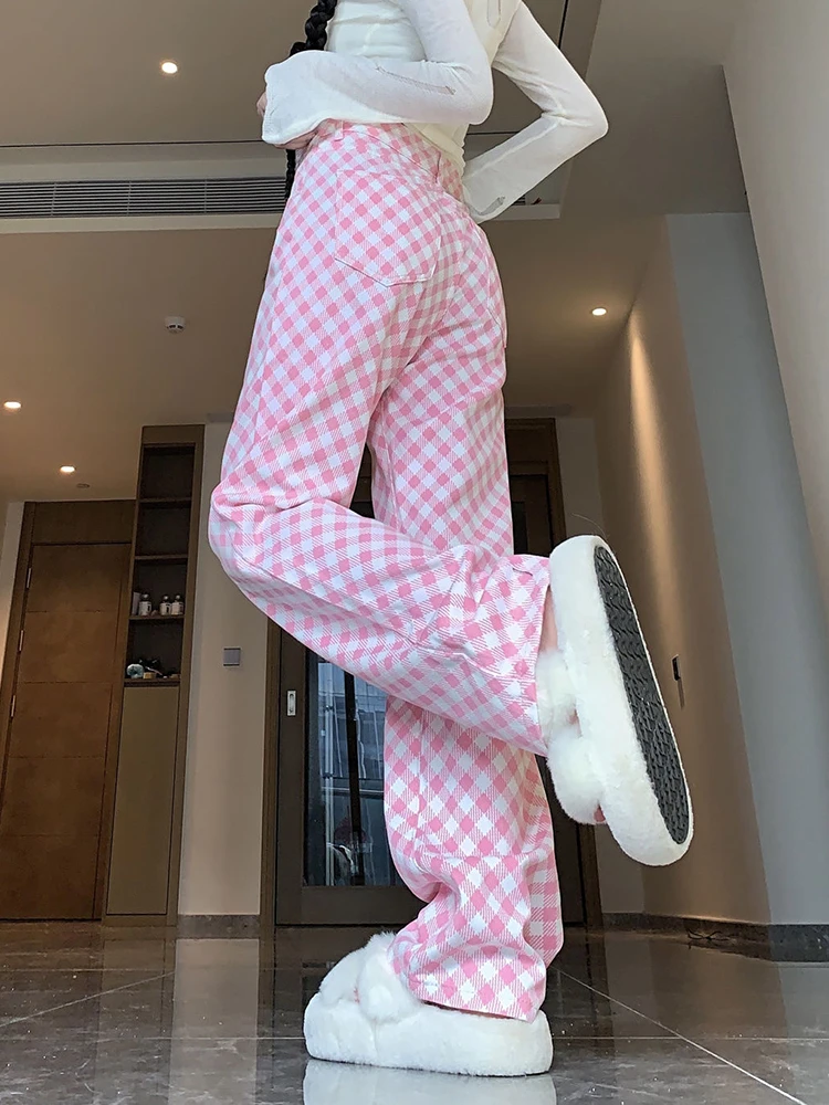 Jmprs Women Pink Plaid Pant High Waist Loose Vintage Korean Wide Leg Trousers Casual Pockets Sweet Female Retro Summer Pants New