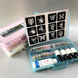 Halloween Glitter Colors Tattoo Stencil Kit With Glue Brush Makeup Glitter Body Art Design For Kids Body Painting Glitter Powder