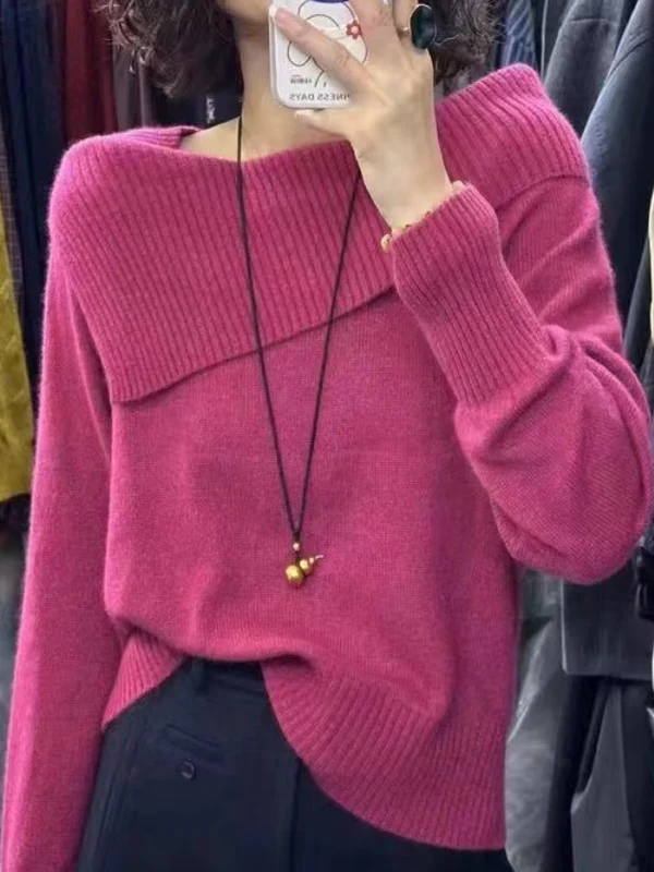 

Ele Loose Camere Wool Sweater Women's oulder-baring Design High-quali Knitwear Commute Sle Long Sve Knitted Top