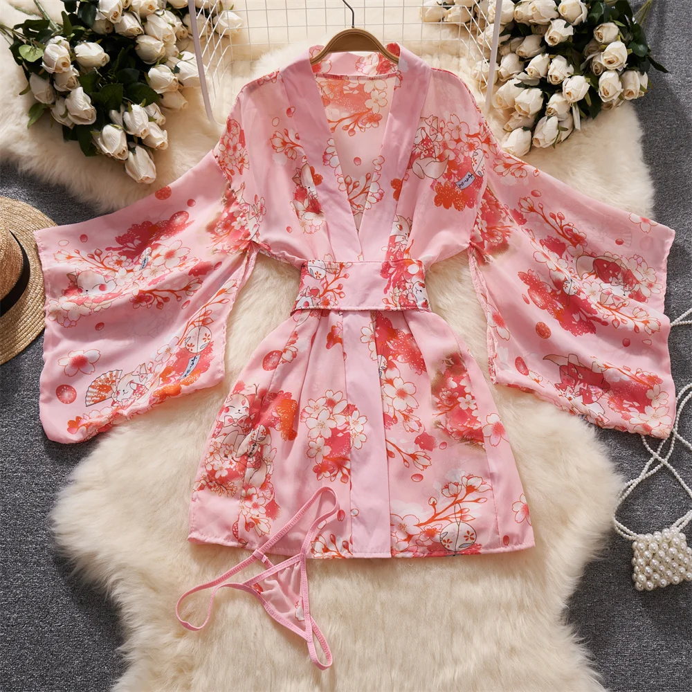 Japan Sakura Kimono Sheer Mini Dress Sexy Thin Petal Sleeves Women\'s Nightgown Sexy Erotic Lingerie Sweet Print New Sleepwear