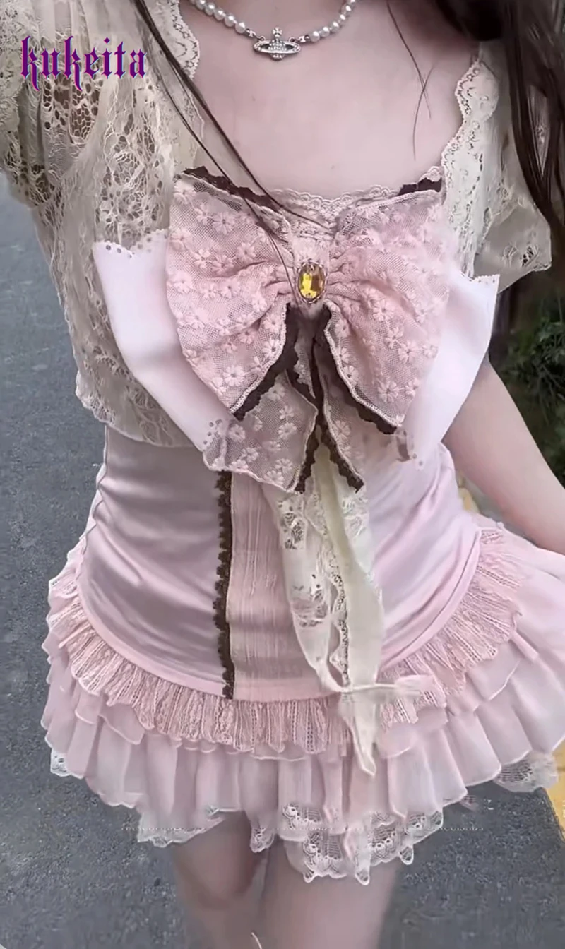 

Kukeita Japanese Style Kawaii Lolita 3 Piece Sets Pink Lace Bow Cami Top+Pleated Cake Skirt Sets Summer Harajuku Sweet Outfit
