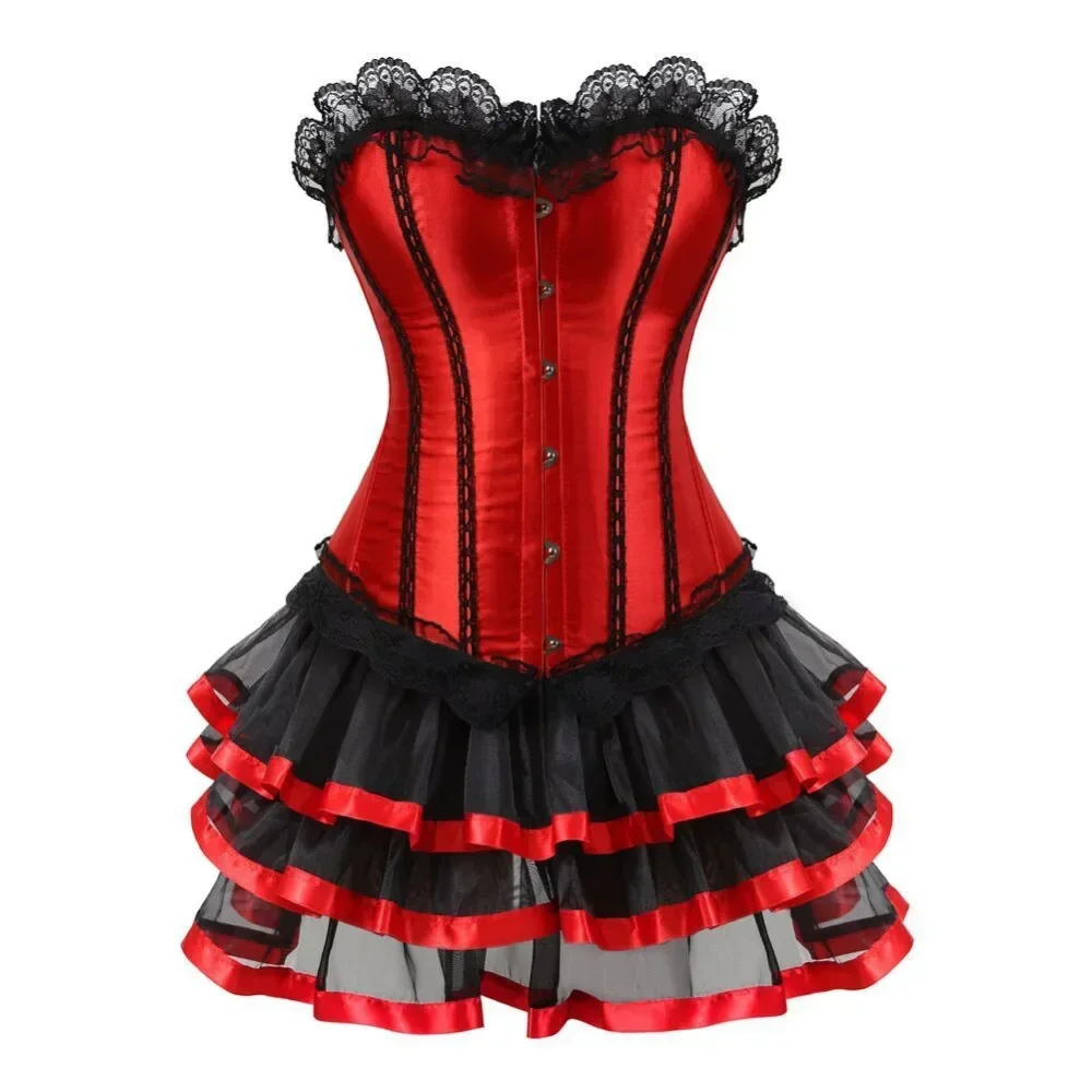 

Sexy Overbust Corset Halloween Dress With Mini Tutu Skirt Satin Showgirl Costume Plus Size for Women Lace Corests Bustier Outfit