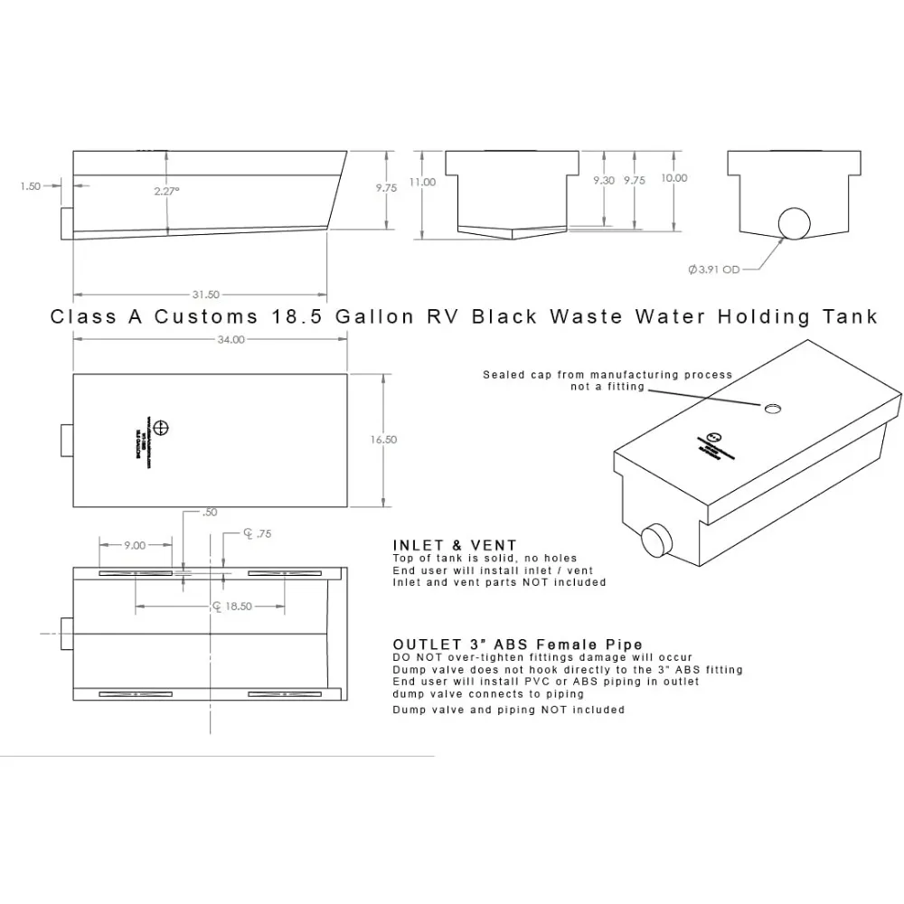 RV Waste Tank 18.5 Gallon Black Water Storage Tank WT-1850