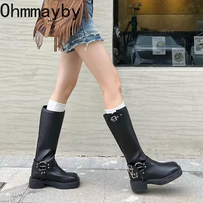 Woman Western Cowgirl Boot Fashion Back Zippers Long Booties Autumn Winter Suqare Low Heel Girl Shoes