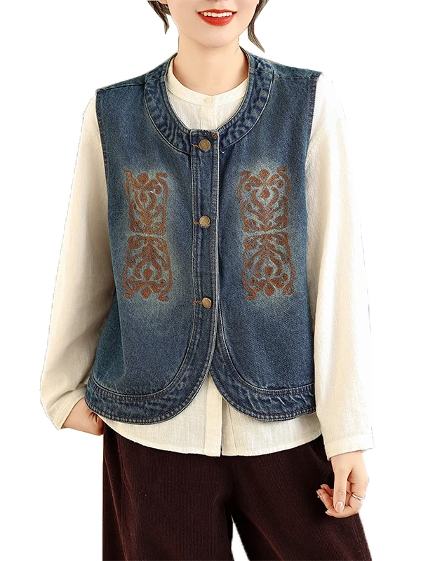 Primavera 2026 étnico sle bordado esticado denim colete tamanho grande feminino botão de sincera redondo ne aberto cardigan