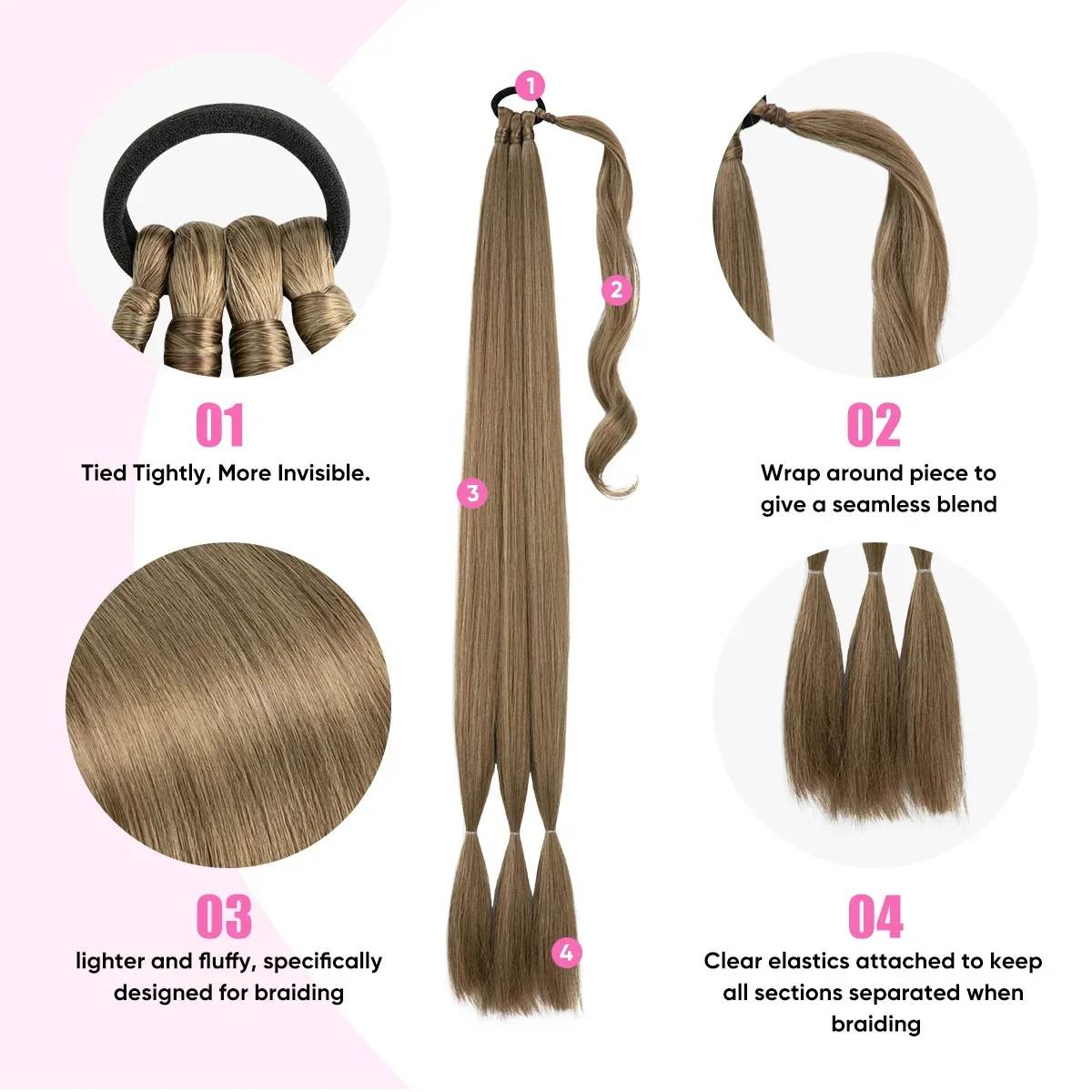 Extensiones de Cabello sintético de cola de caballo trenzada larga, trenzas de boxeo sintéticas, envoltura alrededor de la cola de moño con banda de